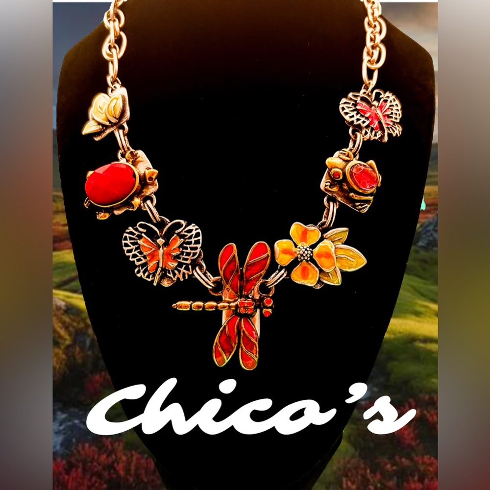 Vintage Chico's Vibrant Pink, yellow and Gold Insect and Floral Necklace